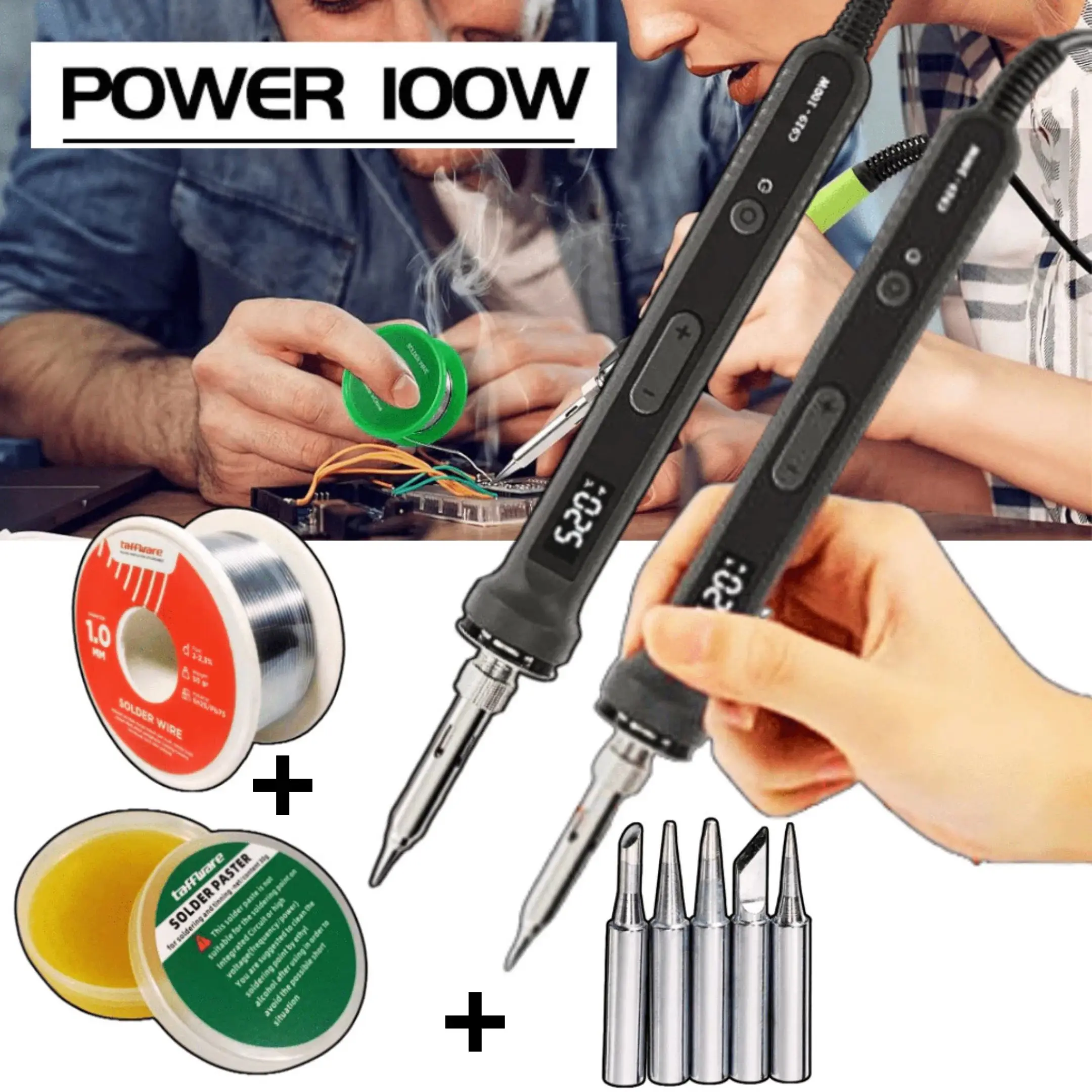 ZIYAHI Solder Listrik LCD 100 Watt C919 + Timah Pasta Solder 5 Pcs Mata Solder Set Lengkap Original untuk Soldering LCD