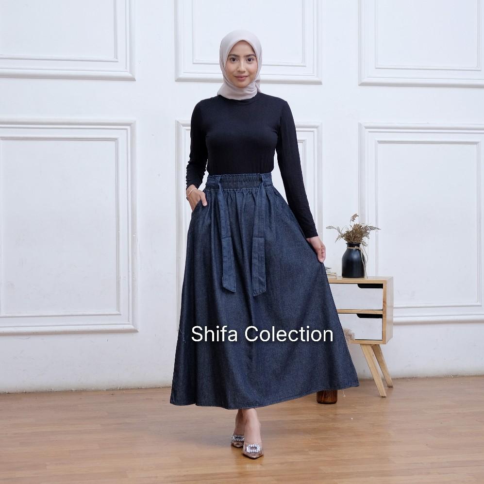 Rok Jeans Panjang Wanita Model Payung Fita Kekinian Bahan Original Jeans Wash Premium 6,5 Ons / Rok Jeans / Rok Panjang Wanita / Rok Jeans Jumbo / Rok Jeans Panjang BB ± 35 - 85 kg Denim Nyaman Variasi Hitam Biru Navy Samping