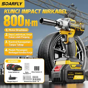 【May & 6.6 Gajian Sale  】 SOARFLY Kunci Impact Wrench Cordless 1588VF 800N/m Motor Tanpa Sikat Dengan 2 Baterai & Konverter Bor Mobil untuk Baut Mobil & Reparasi Mobil
