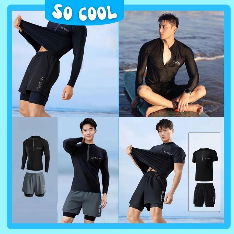  Đồ bơi nam áo có dây kéo tay ngắn tay dài quần 2 lớp kín đáo đen và xám đi biển học bơi chèo sup 003 