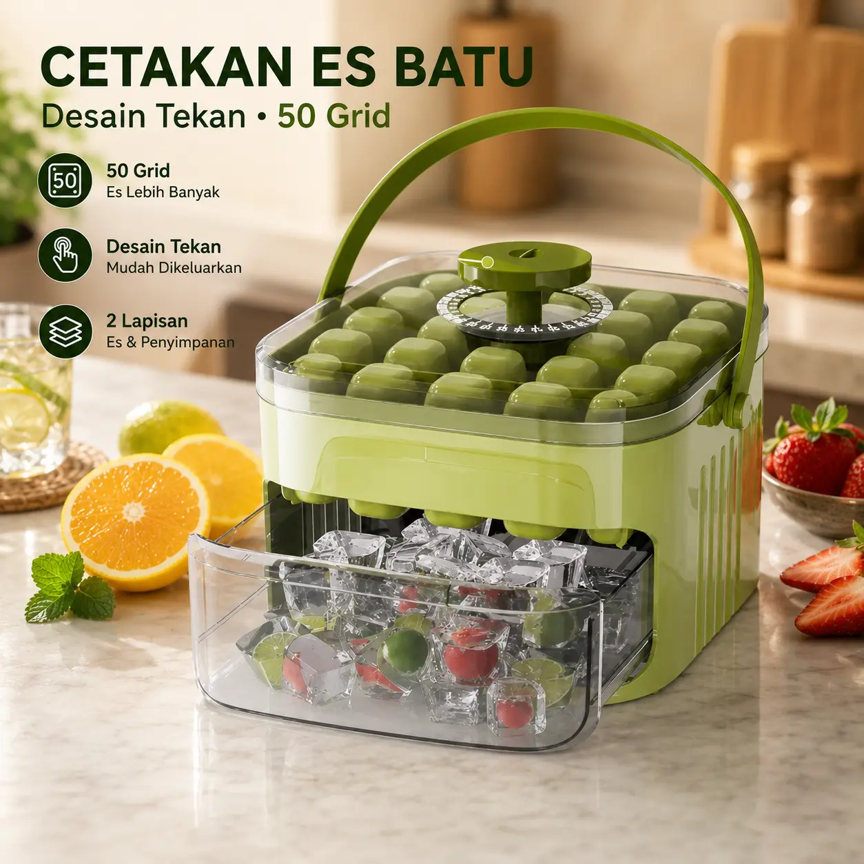 Cetakan Es Batu 2 Susun total 50 Grid Wadah Ice Cube Maker dengan Press Handle Sekali Tekan Sekop Gratis