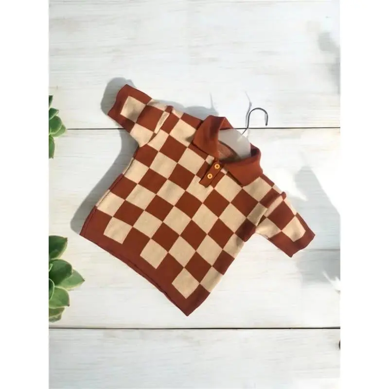 Polo Rajut Motif Kotak Atasan tangan pendek Sweater Premium Unisex Pakaian Anak Cowo Cewe Baju Fashion 2