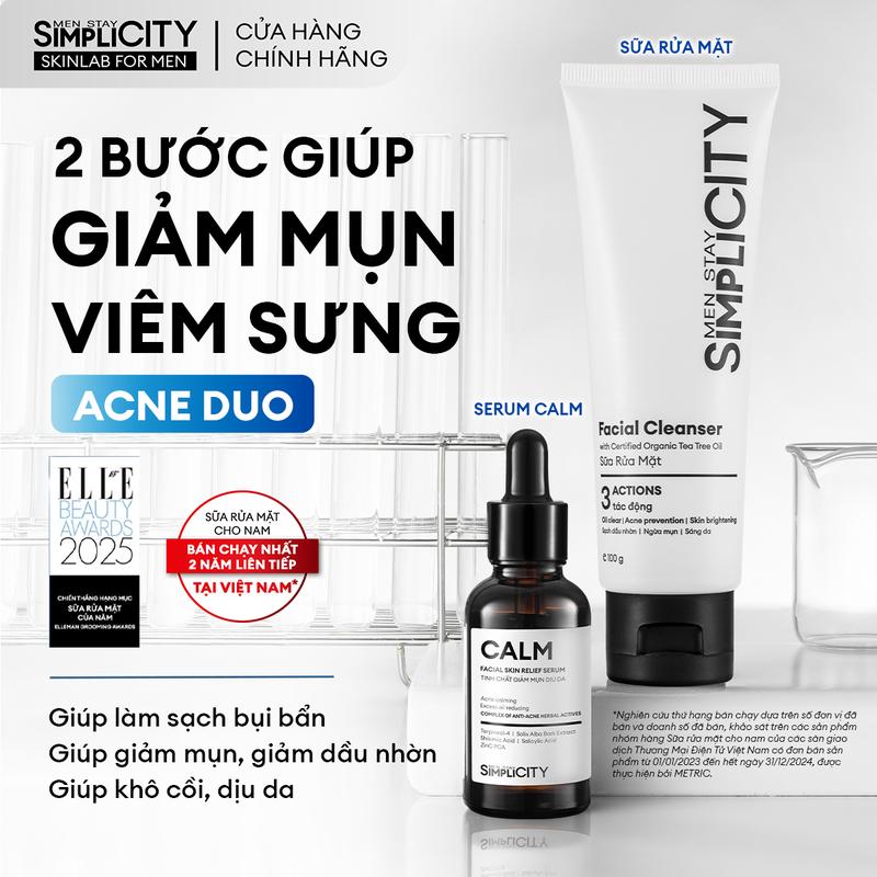 [KOL] Combo giúp giảm mụn sưng viêm Men Stay Simplicity Acne Relief Duo gồm: Sữa rửa mặt 100g & Serum Calm 30ml
