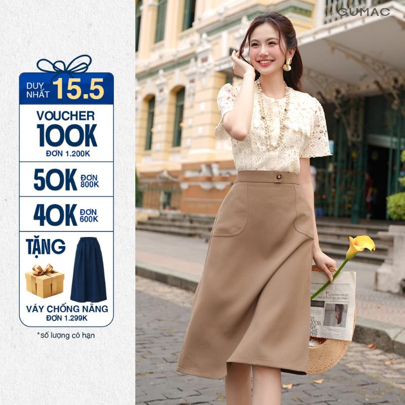 TOP Chân váy nữ form chữ A GUMAC dài phủ gối có túi đắp và nút trang trí LVE1202
