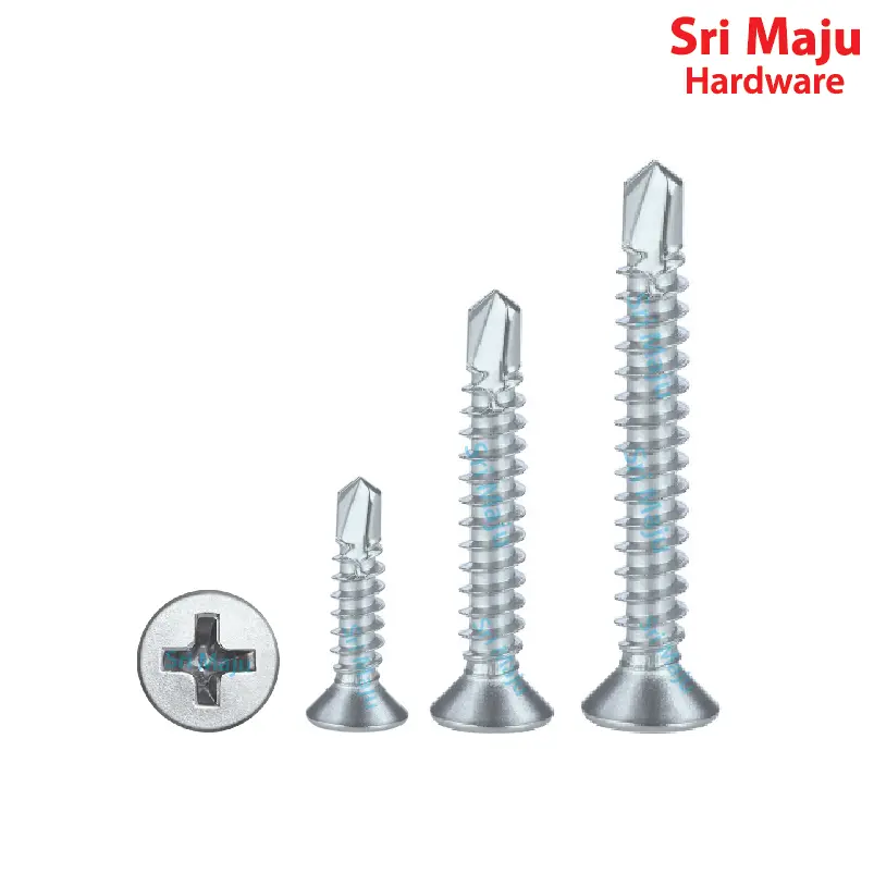 MAJU Quality SD-Flat Self Drilling Screw Flat Head Sheet Metal Aluminium Awning Drill Screw Skru Tebuk Bumbung Besi