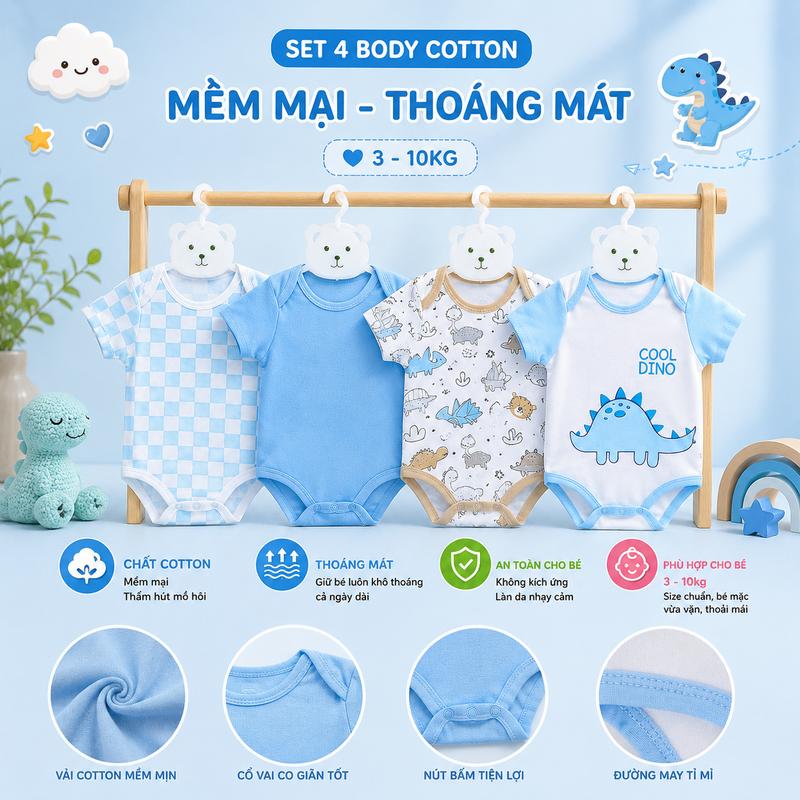 Set 4 Áo liền quần ngắn tay cho bé sơ sinh 3-10kg, vải cotton BC30