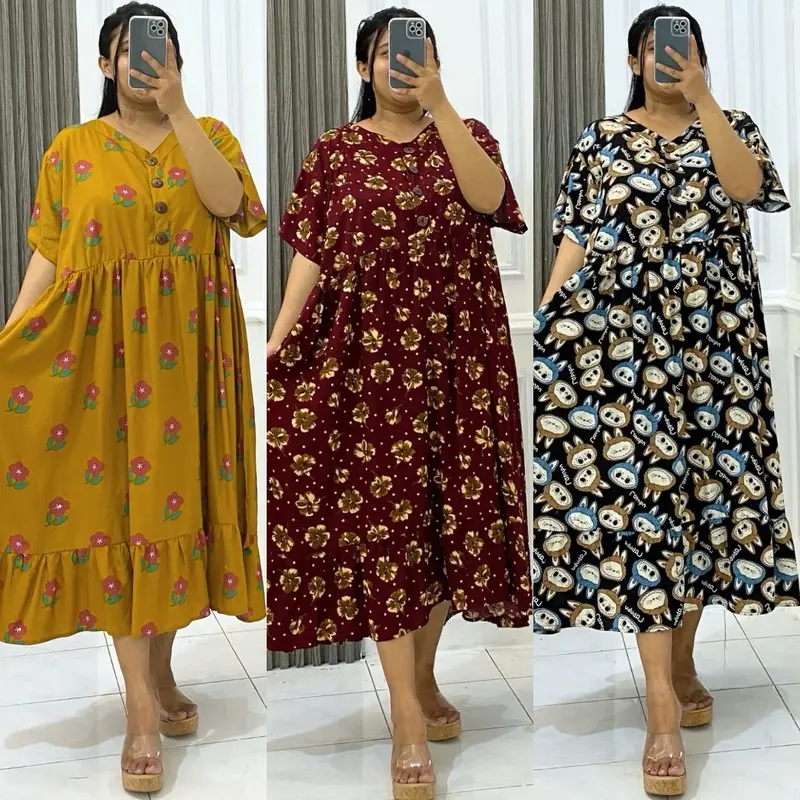 Daster Rayon Jumbo Wanita LD 140cm Lengan Pendek Rample Bawah Busui Able Nyaman Lembut dengan Kancing Aktif di Depan 1