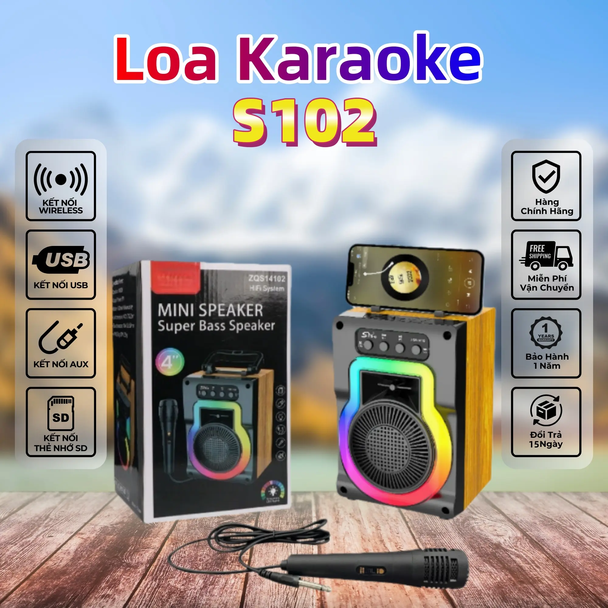 JK BOX S102 Loa Karaoke Di Động Nghe Nhạc Xách Tay Loa Bluetooth Mini, kèm 1 Micro có dây, Loa ngoài trời, Loa gia đình, Máy hát karaoke - Bảo Hành 12 Tháng