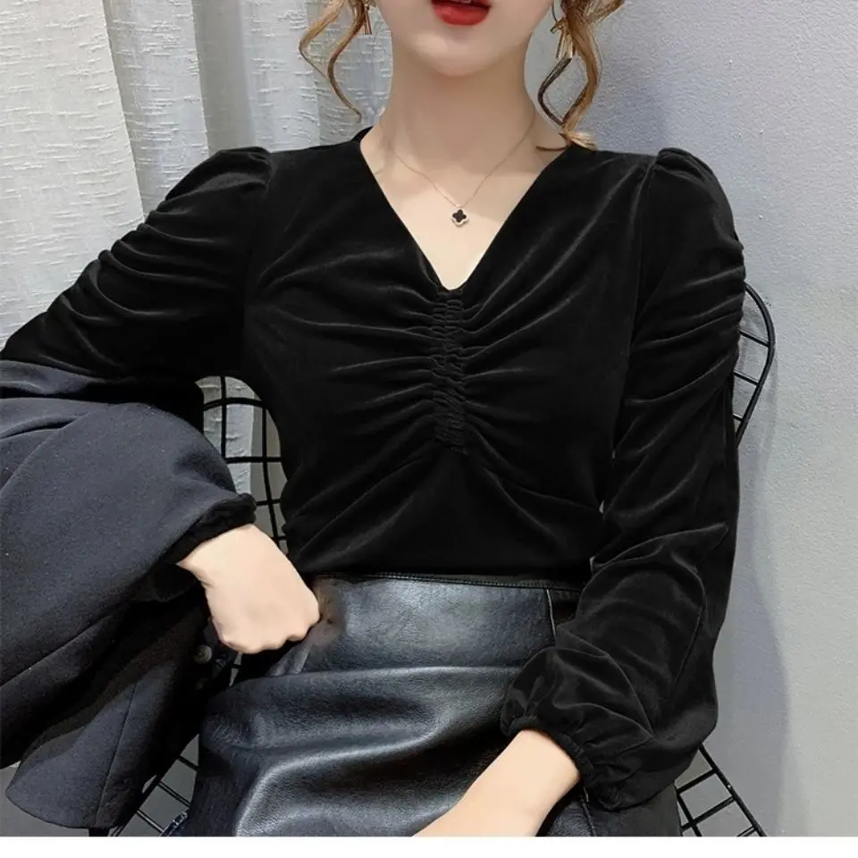 Golden Velvet Bubble Sleeves Long sleeved Top 2024 New Versatile Loose Slim Fit Western Style Bottom Long sleeved T-shirt