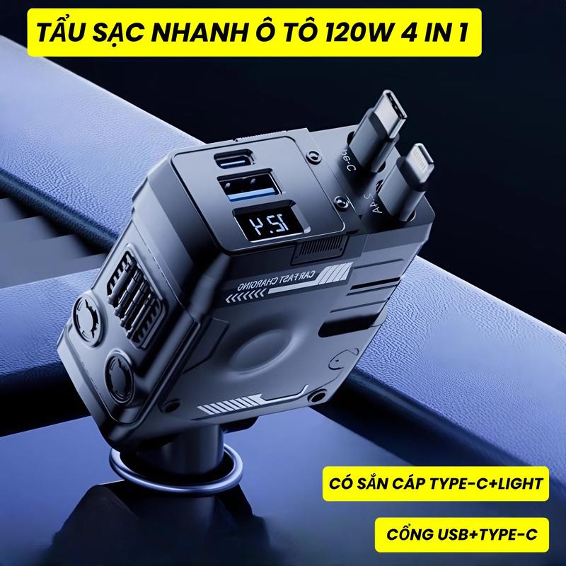 Tẩu Sạc Nhanh Ô Tô 120W 4 trong 1 Có Sắn Dây Rút Tự Động Bộ Sạc Nhanh Xe Hơi Sạc Điện thoại Ipad Digital Camera
