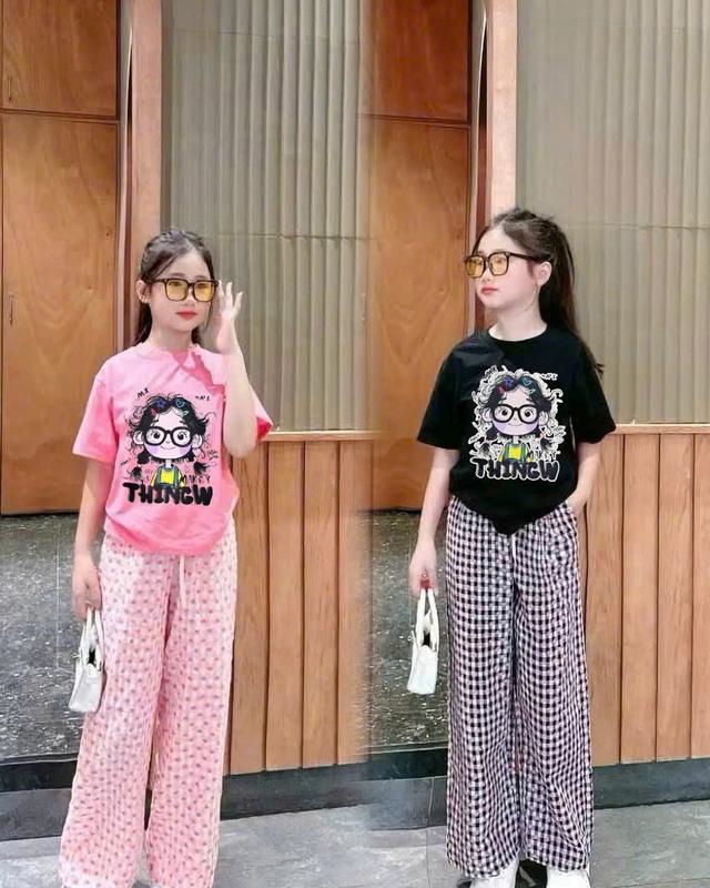 Set bộ quần dài áo thun bé gái  (Họa tiết quần tym cô gái tóc xù) vải mềm mịn size 9-45kg mã m88