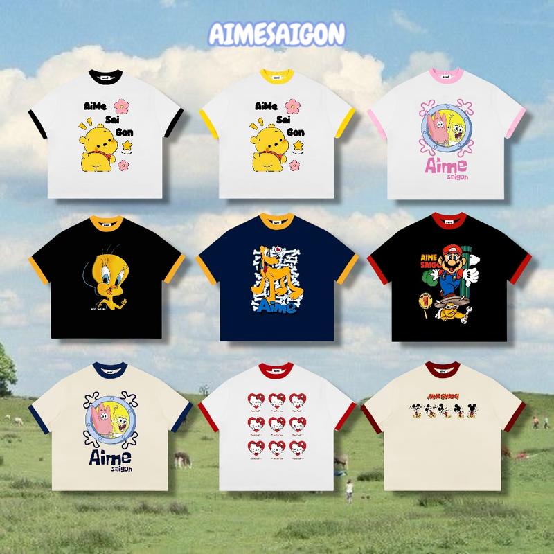[Ver2] Áo Thun Boxy AIMÉ Cotton 250gsm Cổ Tròn Nam Nữ " PHỐI MÀU CARTOON " Áo Phông Nữ Form Rộng Nữ Mùa Hè Kiểu Đẹp