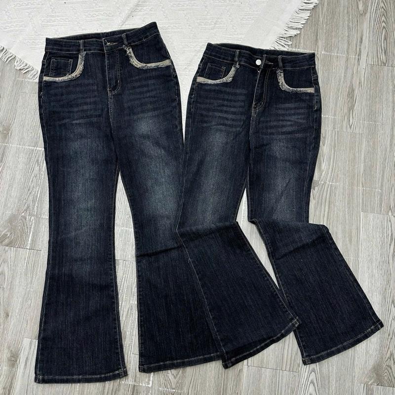 2826 BIGGSIZE Quần jeans loe nữ cạp cao co dãn, quần jeans ống vẩy phối viền tạo kiểu Women Pants