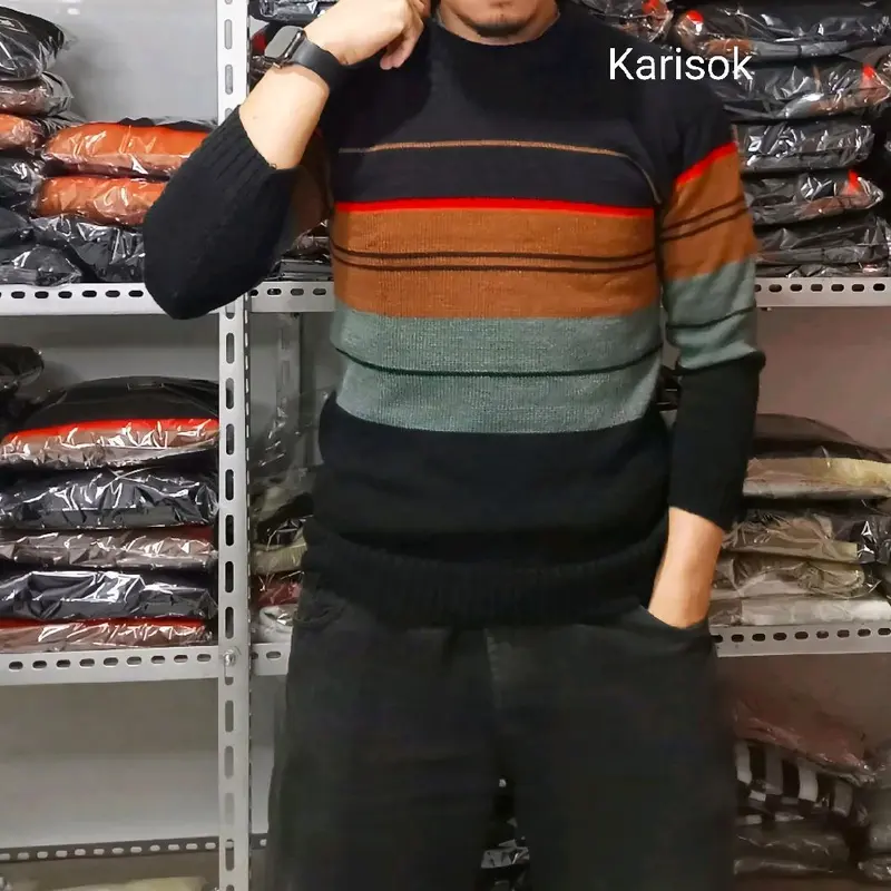 Sweater Rajut Pria Dewasa Rasya Strepe Terbaru 17-59 Tahun - Korean Motif Tebal Knitwear Panjang - Wanita, Baju, Kerah