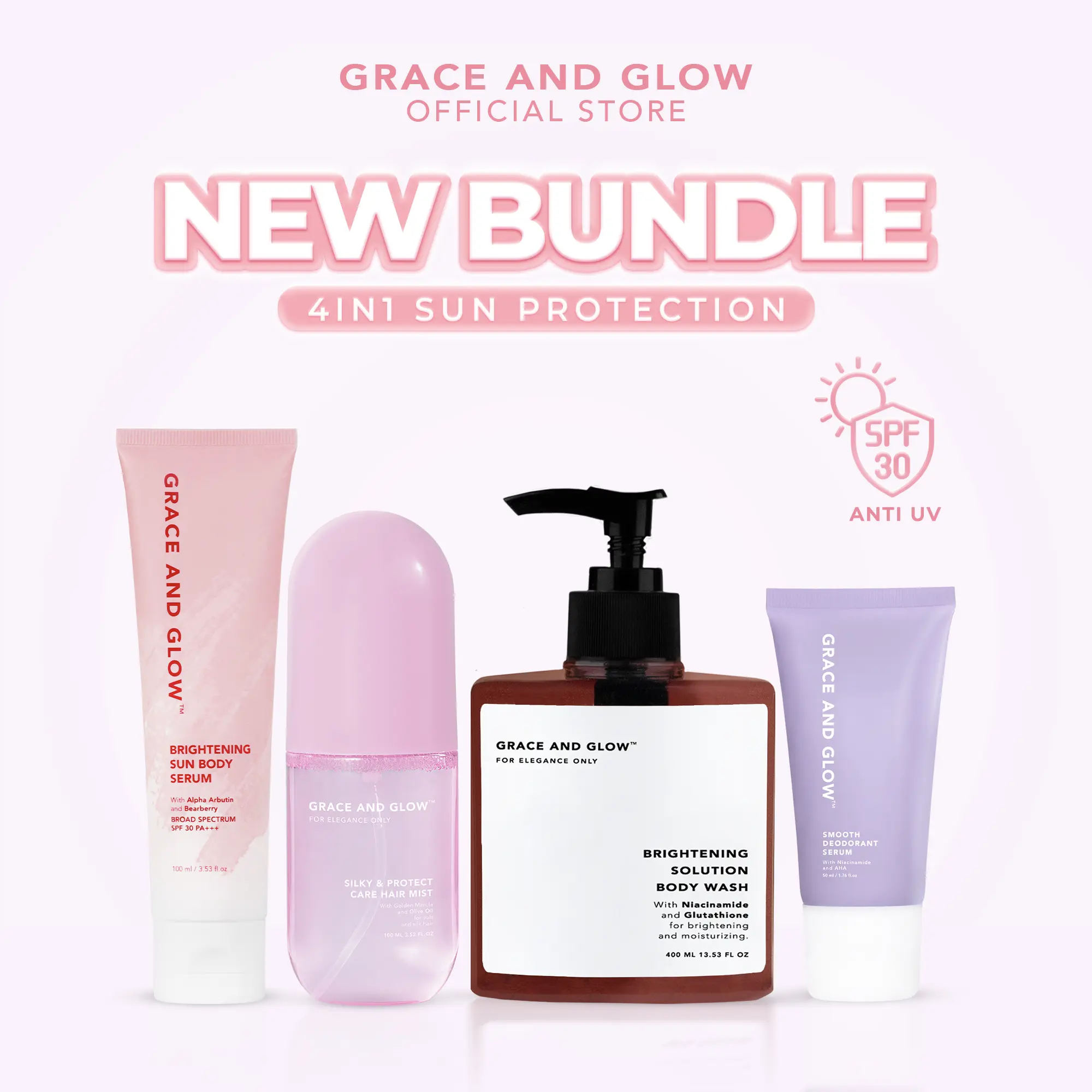 Grace and Glow 4in1 Sun Protection Body Care Set - Paket Perawatan Tubuh Anti UV dan wangi seharian (serum badan SPF 30 PA + sabun mandi + deodorant serum + parfum rambut)
