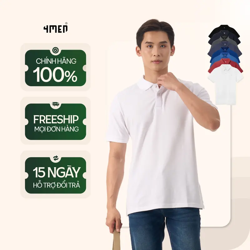 Áo polo nam trơn basic 4MEN PO066 ngắn tay, vải cá sấu thấm mồ hôi, thoáng mát, mềm chống nhăn, co giãn thoải mái Menswear Có Cổ Shirt 0