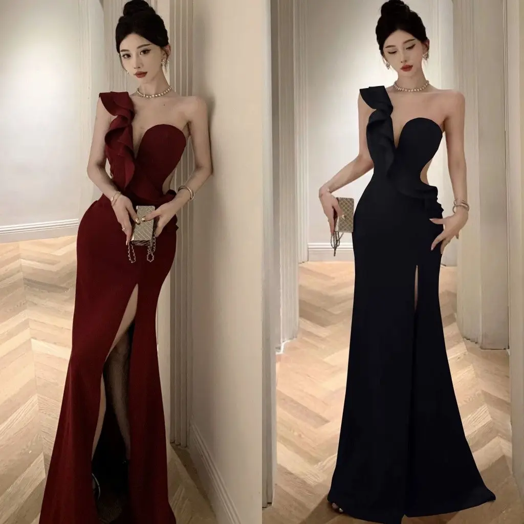 Hawlife Korean Red Black Elegant Banquet Dinner Evening Prom Cocktail Split Maxi Dress Gown 42