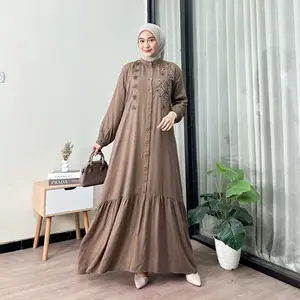 Arni Busana - Moza Maxi Dress Muslim Wanita Bordir Gamis Rayon Premium Busui Full kancing