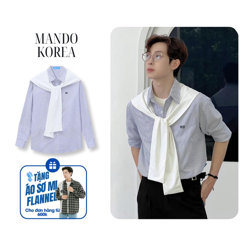  Áo Sơ Mi Kẻ Sọc Xanh MANDO Menswear Chất Liệu Vải Oxford Dày Dặn Đứng Form Phong Cách Hàn Quốc Có Bán Kèm Khăn Nhung Kem SHT031 