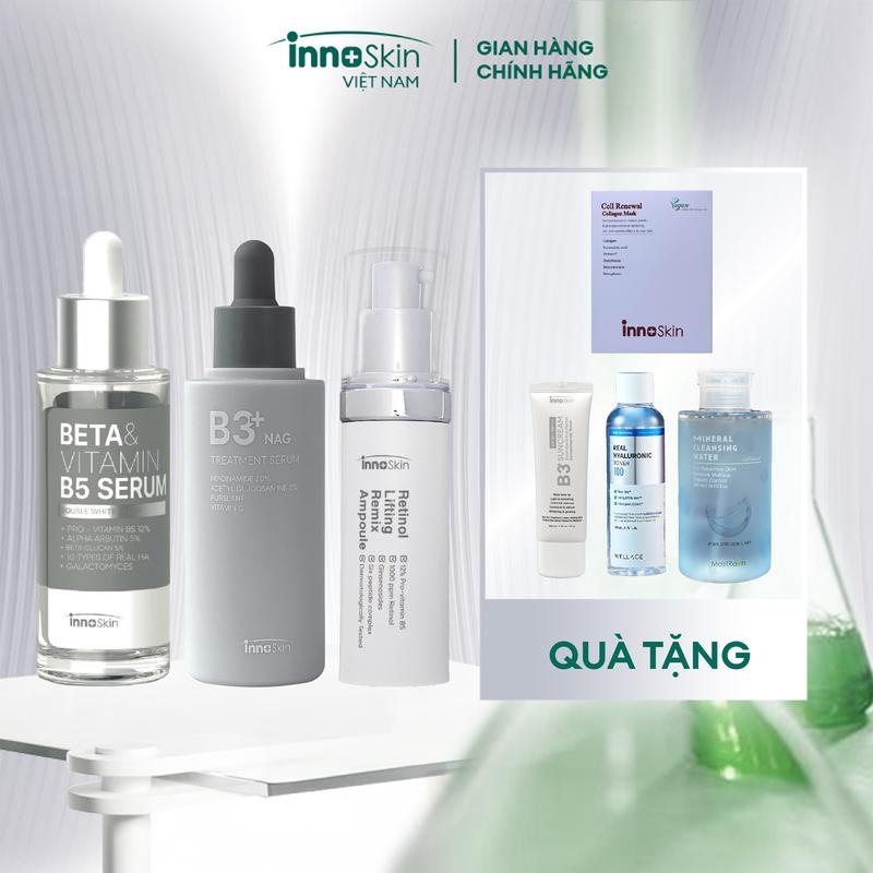   CR   DD  F30 - 1 chai serum beta B5 màu xám+ 1 Serum B3 NAG + 1 retinol xám Tặng 1 hộp mask Innoskin 5  miếng hộp  + 1 kem chống nắng Innoskin bản xám + toner HA Wellage + 1 tẩy trang Mineral Masilraon 