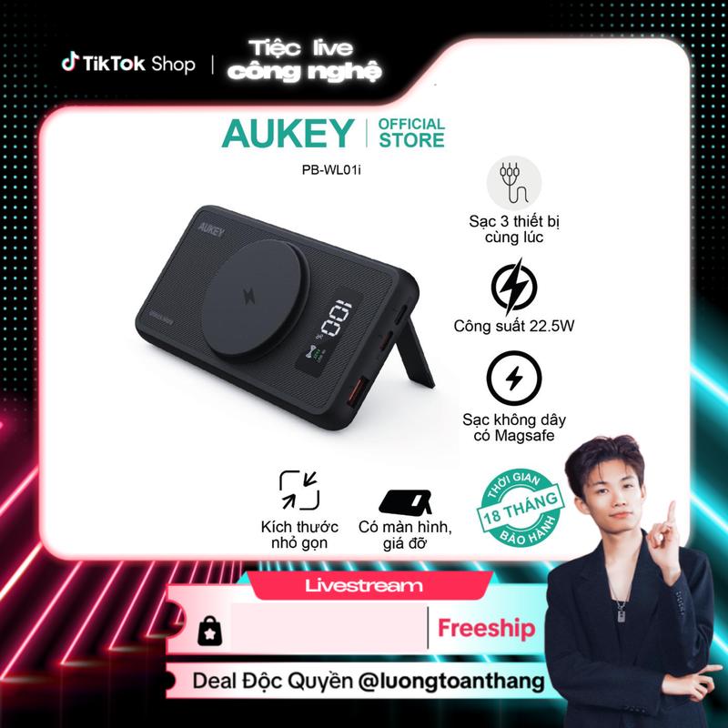   AUKEY x LƯƠNG TOÀN THẮNG  Pin sạc dự phòng Aukey PB-WL01i 10.000mAh hỗ trợ sạc nhanh 22.5W Sạc không dây 15W 