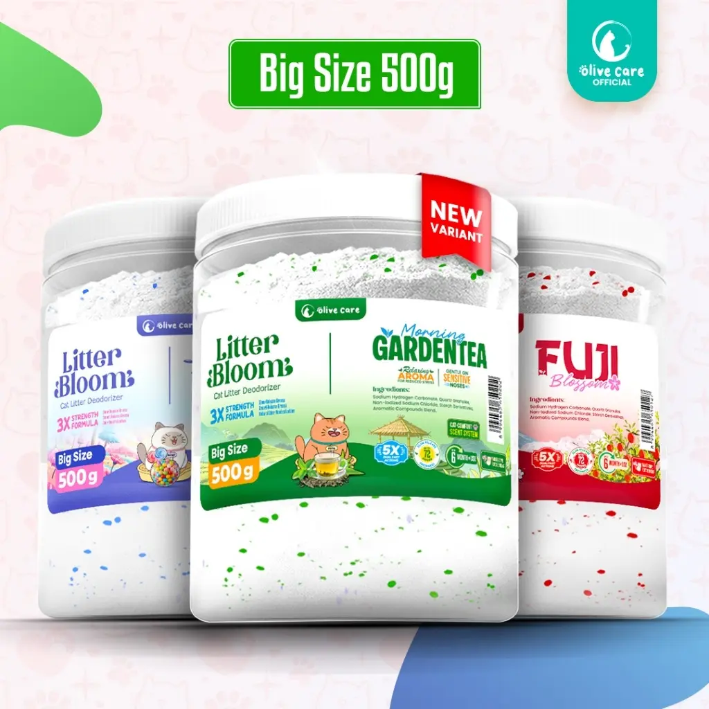 PROMO Olive Care LITTER BLOOM Penghilang Bau Pipis Pup Litter Box Kucing 500gr Cat Litter Deodorizer Pewangi Pasir Bye Bye Bau Aroma FUJI DAN GUMMY INDAH CAT HOUSE