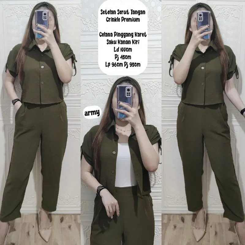 Oneset Kemeja Atasan Crop Wanita Setelan Katun Crinkle Tangan Serut Army 0