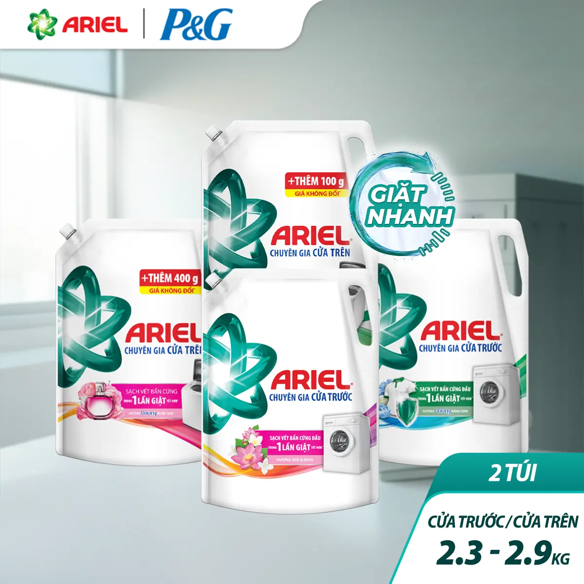 [KOL] Combo 2 Túi Nước giặt Ariel Cửa Trên & Cửa Trước 2.3kg - 2.9kg các mùi hương nước hoa