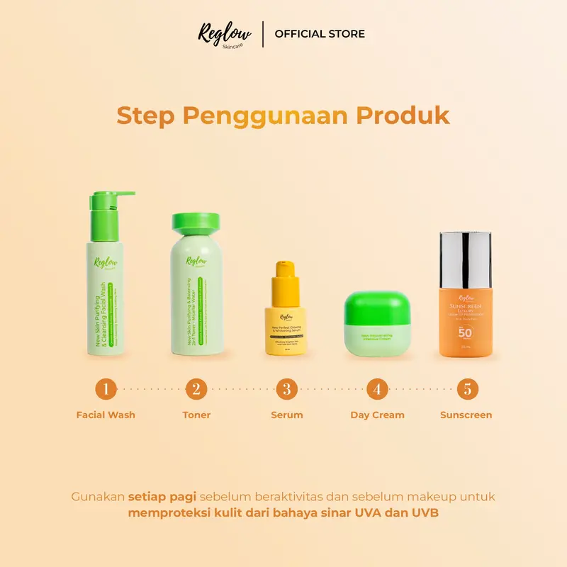 [Official] Reglow Sunscreen Luxury Glow Up SPF 50 PA+++ Wajah Glowing Tone Up Instan saat apply Perlindungan 500 Menit Bahaya Sinar Matahari Bantu Cerahkan Wajah Pudarkan Flek Hitam dan Menjaga Skin Barrier 2