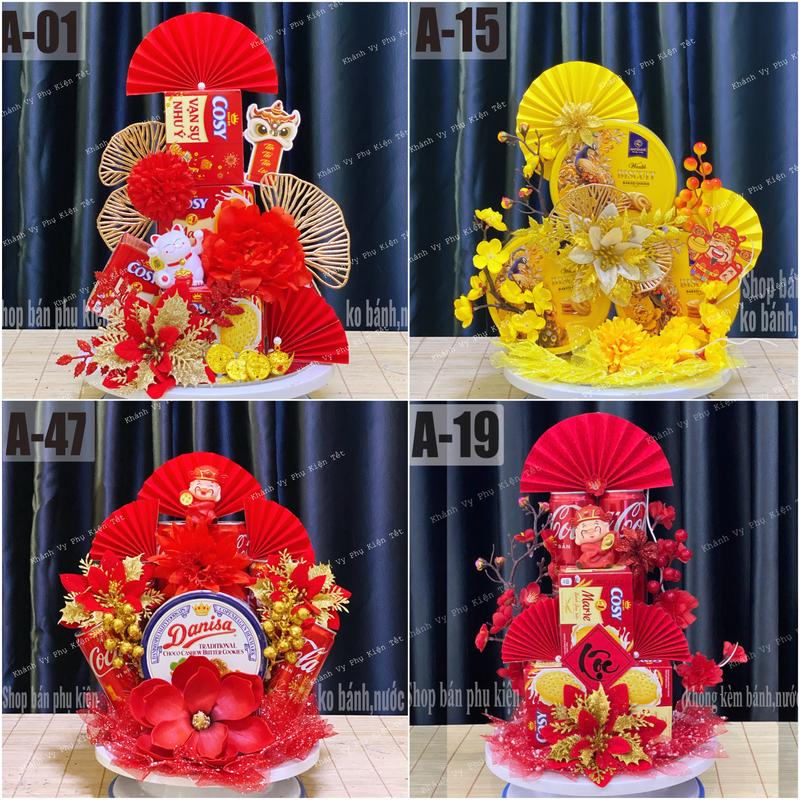 Đĩa sz 24cm kèm đế bìa Set phụ kiện mix sẵn trang trí tháp bánh tháp nước giỏ quà tết phụ kiện Tết CaMi