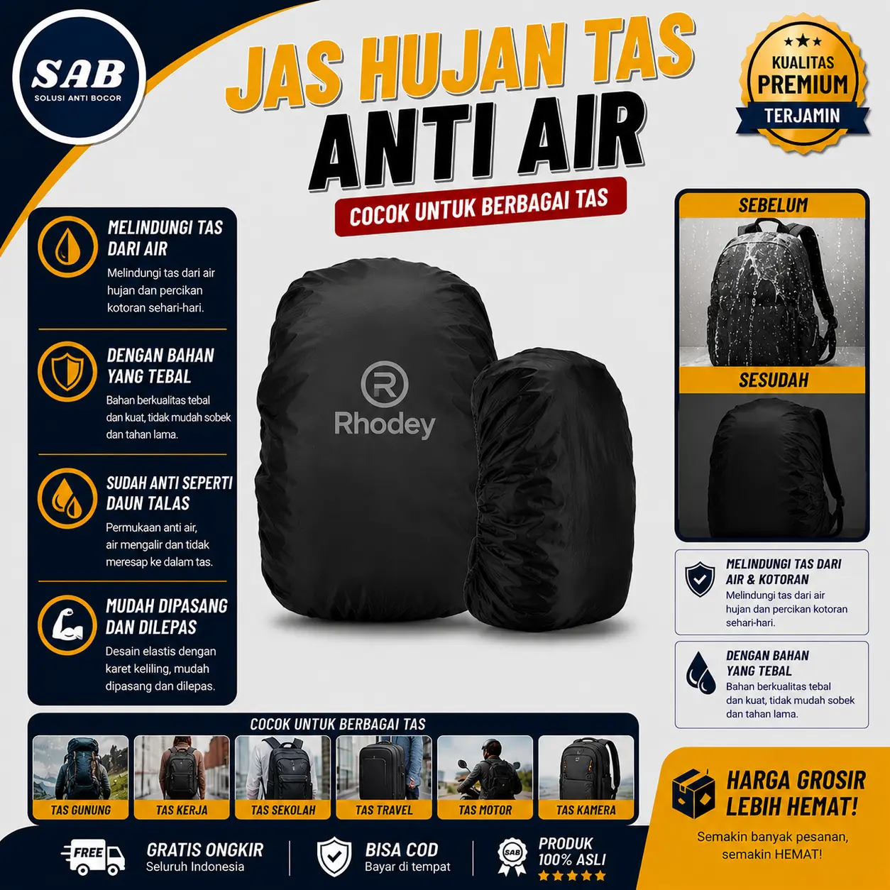 Rhodey Jas Hujan Tas Ransel Waterproof – Rain Cover Backpack Dacron Elastis Sepeda, Motor & Traveling 45×35 cm Berkualitas