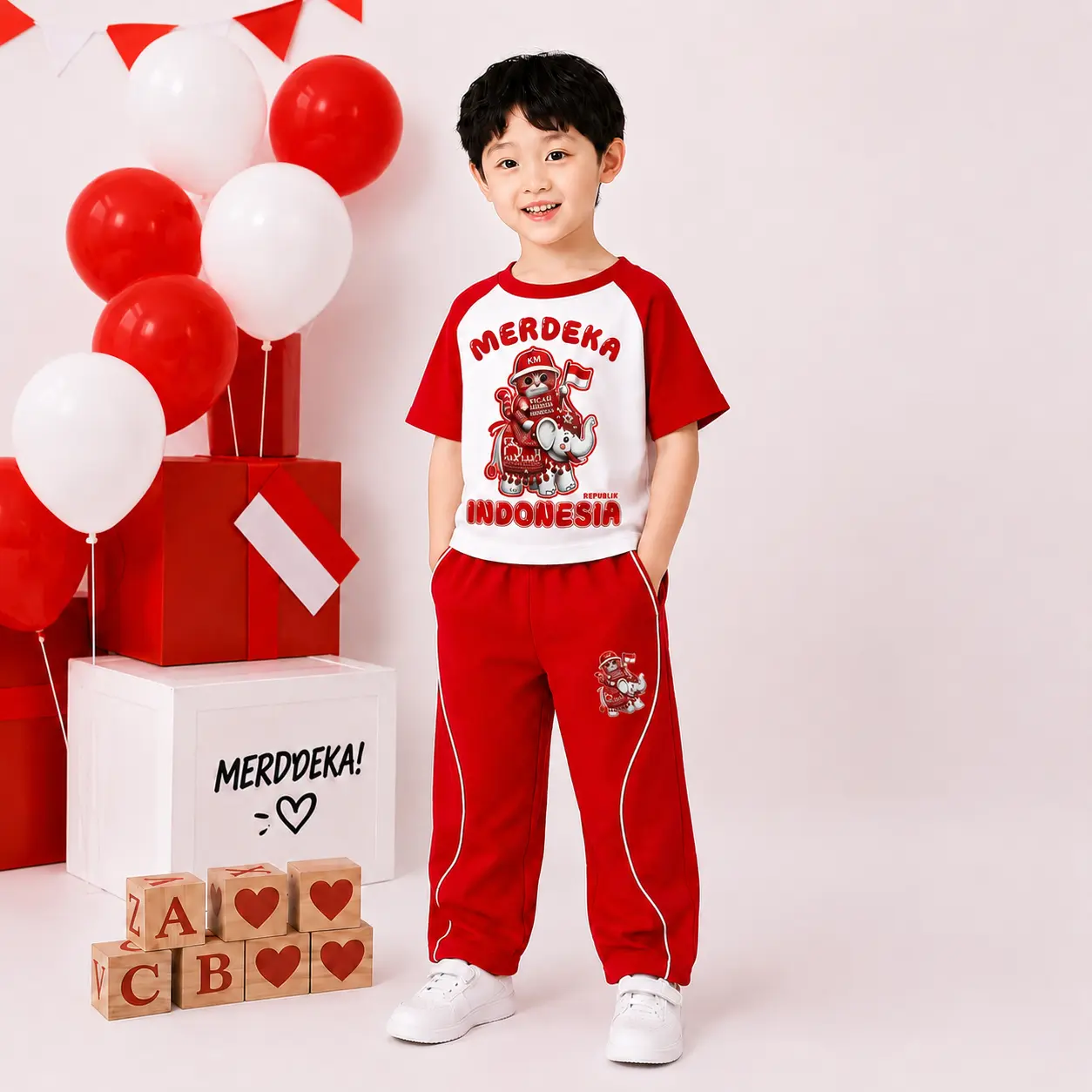 ONSET BAJU KEMERDEKAAN MERAH-PUTIH ANAK LAKI-LAKI DAN PEREMPUAN MOTIF KICAU MANIA USIA 3-12 TAHUN TERBARU