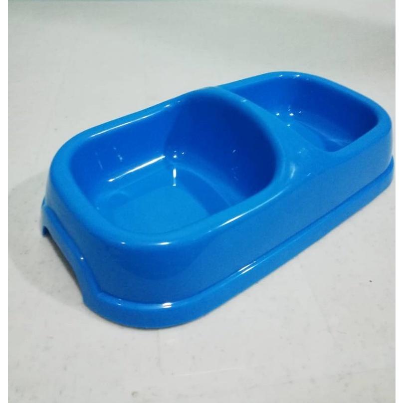 Pet Cat Dog Rabbit Double Food Feeding and Water Drinking Bowl Round Rectangle 24.5cm x 13.5cm x 6cm (Blue) Bekas Kucing