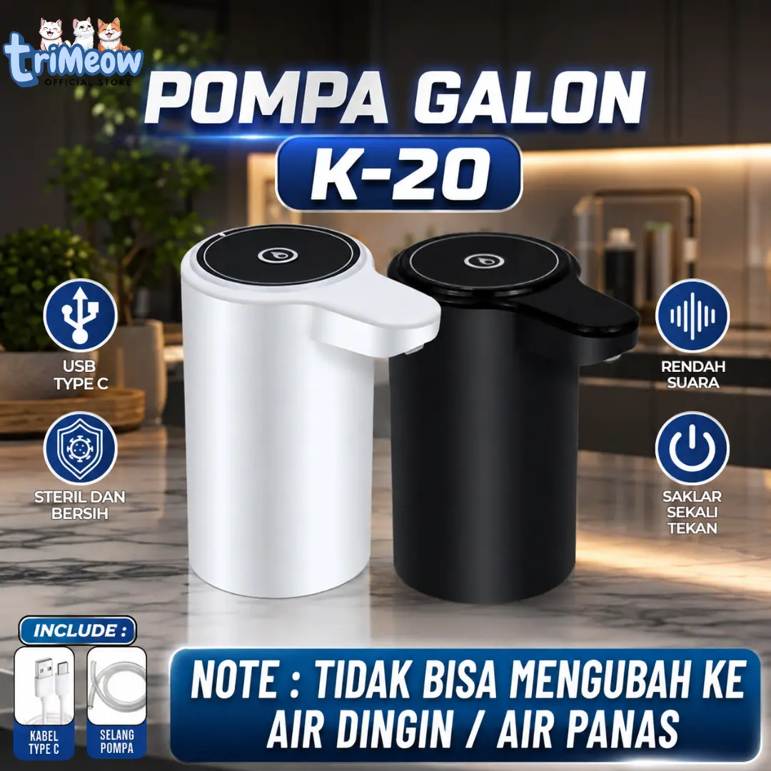 Pompa Air Galon Elektrik K20 USB Type-C One Touch ABS Hitam Putih Kabel USB Type-C Material Food Grade Stylish Minimalis