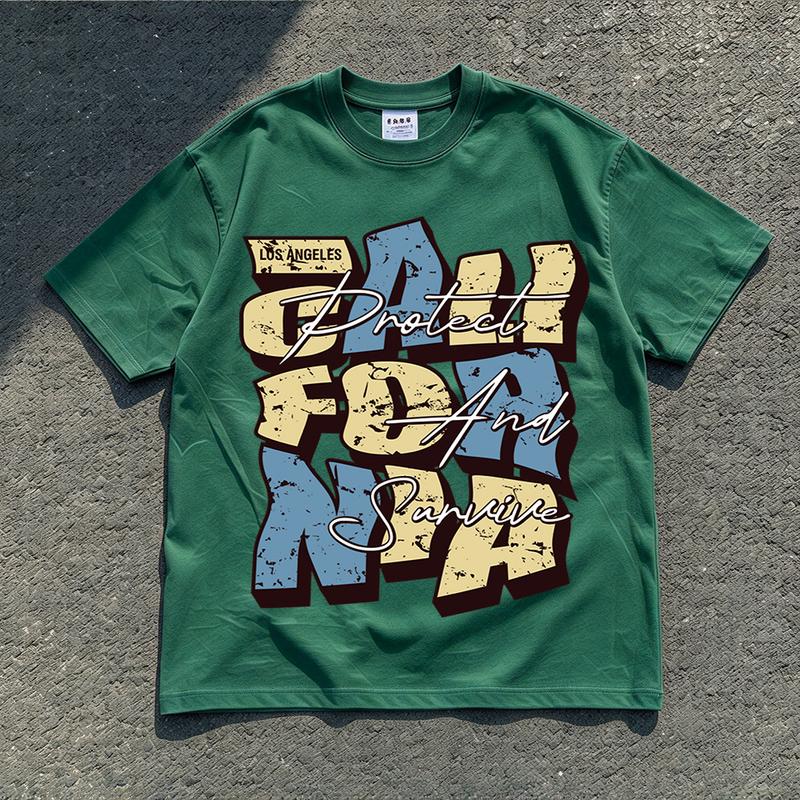Áo Thun Nam Tay Ngắn Form Rộng In Chữ California Vintage Protect And Survive Cổ Tròn Thoải Mái Mùa Hè Chất Vải Mềm Mại Dễ Phối Đồ