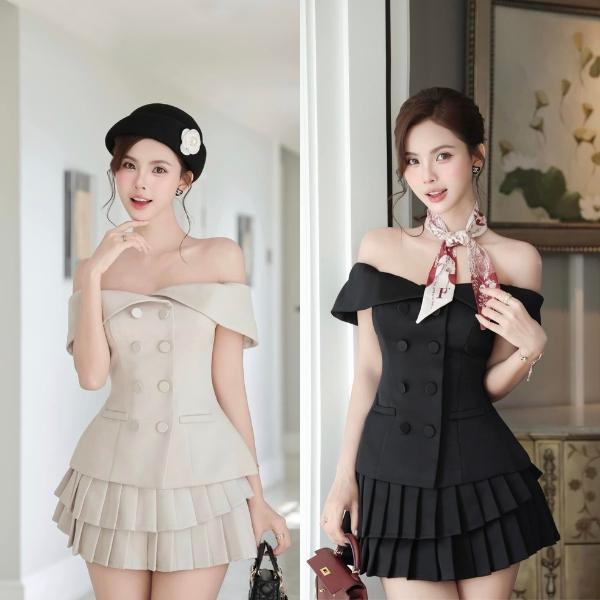 Set vest nữ trễ vai phối váy ngắn xếp tầng – Outfit thời trang nữ đẹp hb.closet S45