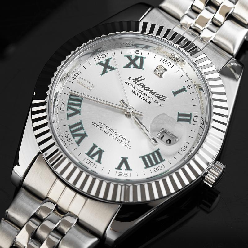 ĐỘC QUYỀN HÙNG LUXURY .VN - N359 - Đồng hồ nam Mmassati dây thép bạc mặt bạc cọc số La Mã xanh – phong cách cổ điển sang trọng máy pin bền bỉ