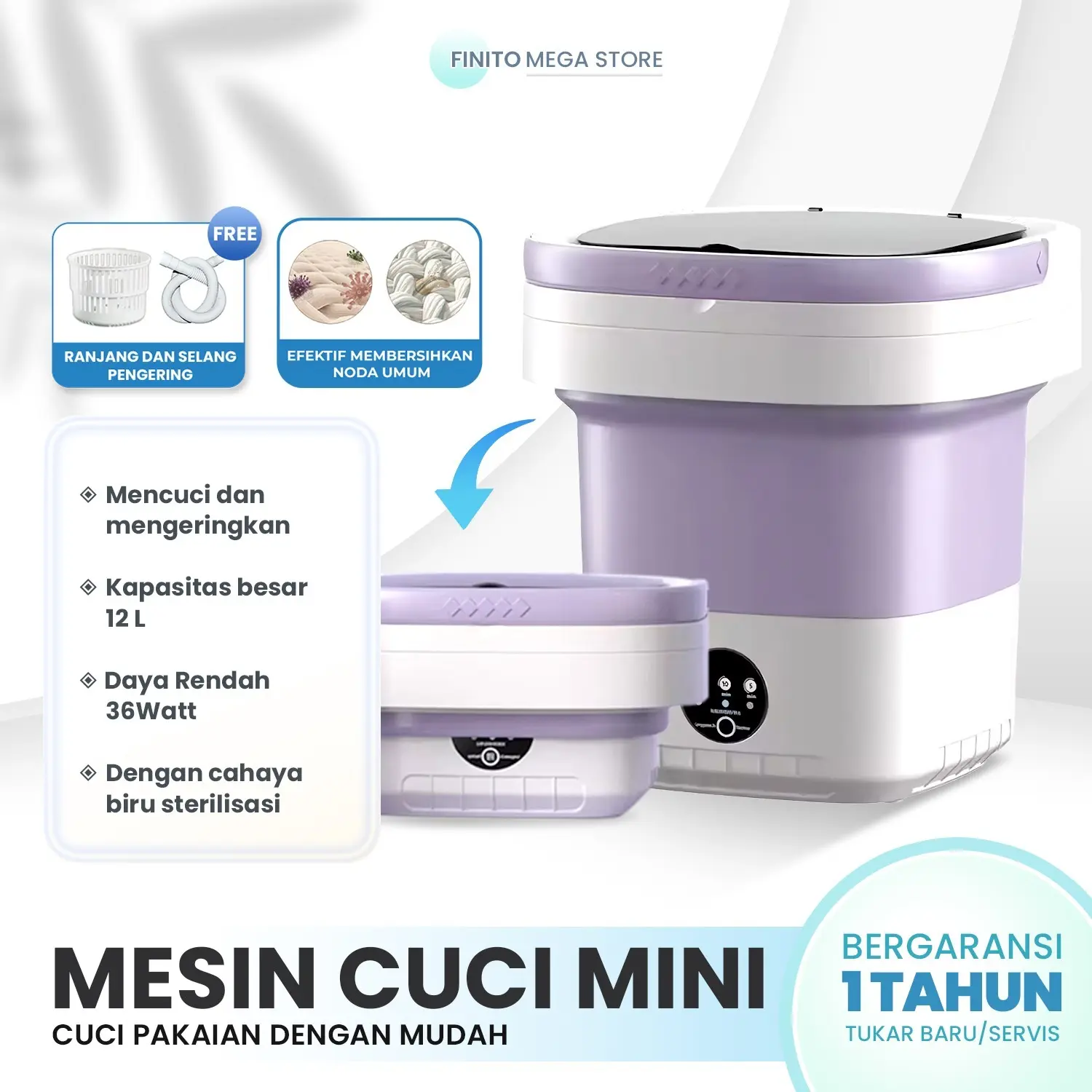 Mesin Cuci 12L Portable Bisa Dilipat Max 2kg Daya Rendah LowWatt Free Pengering