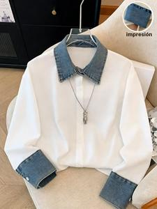 Camisa holgada de bloque de color para mujer, top casual de manga larga, estilo ajustado para primavera y otoño, ropa cómoda y elegante