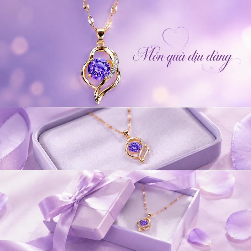 Dây chuyền thép titan mặt hai trái tim lồng nhau đính đá zircon tím – Thiết kế…