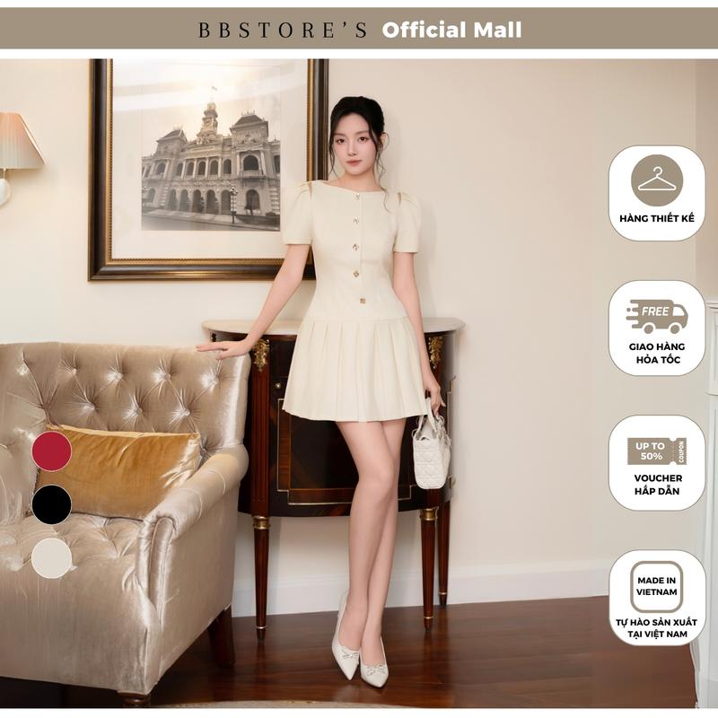 Đầm Xòe Dự Tiệc Tay Phồng Tùng Váy Xếp Ly Cut Out Vai Chất Linen Gân BBSTORE'S - D4234A