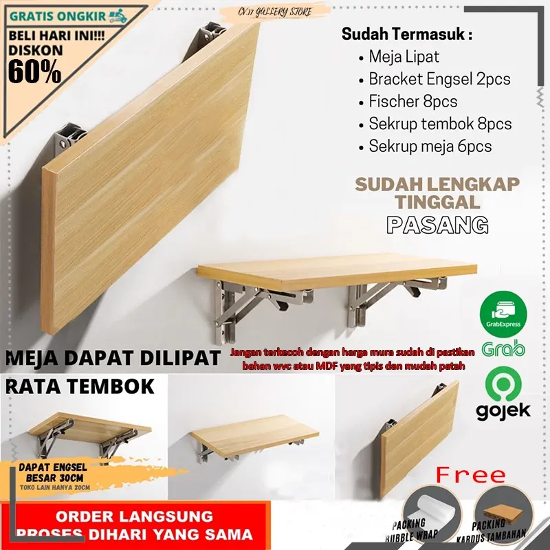 Meja Lipat Dinding Gantung Komputer Belajar Kerja Rias Makan Laptop Leptop Siku Ambalan Panjang Lebar 100x40 80x40 60x40 Kayu Dinding Tembok Tempel Satu Set Bracket Anak Perlengkapan Dapur Rumah Kamar Untuk Jualan Besar Aesthetic