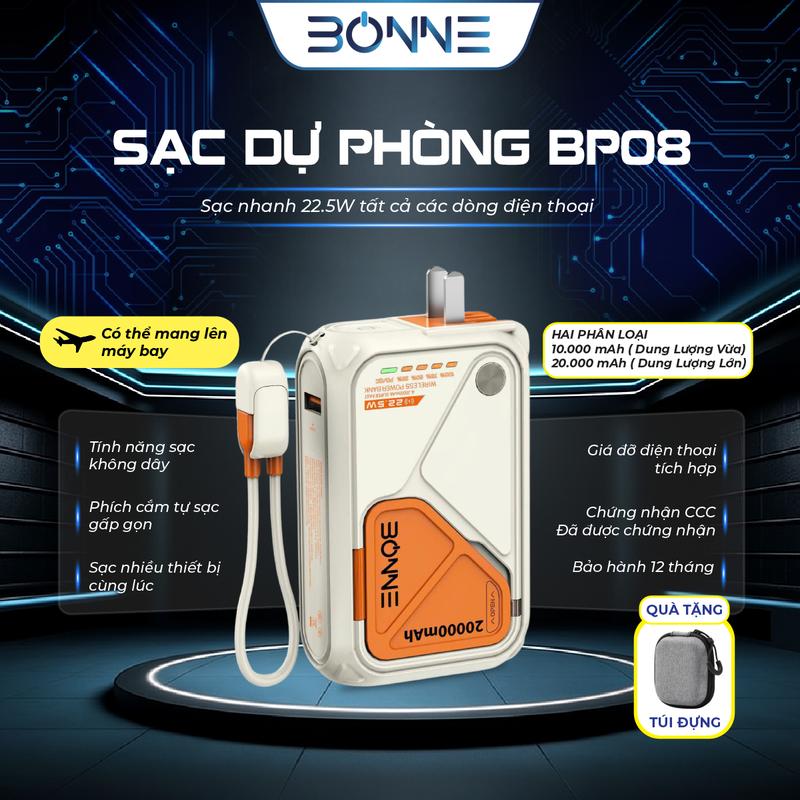 ( KOC DAILY ) Tặng Túi Đựng  - Sạc Dự Phòng Bonne TECHNOLOGIQUE BP08 10.000mAh/20.000mAh Không Dây Kiêm Củ Sạc Nhanh Bảo Hành 12 Tháng