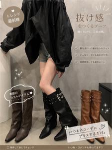 POPIONEER レディース ウエスタンブーツ ロングブーツ ポインテッドトゥ ベルトバックル スタッズデザイン ヴィンテージ風  アメリカンホットガール レトロリベット ナイトブーツ スティレットブーツ ロングブーツ 女性用ブーツ