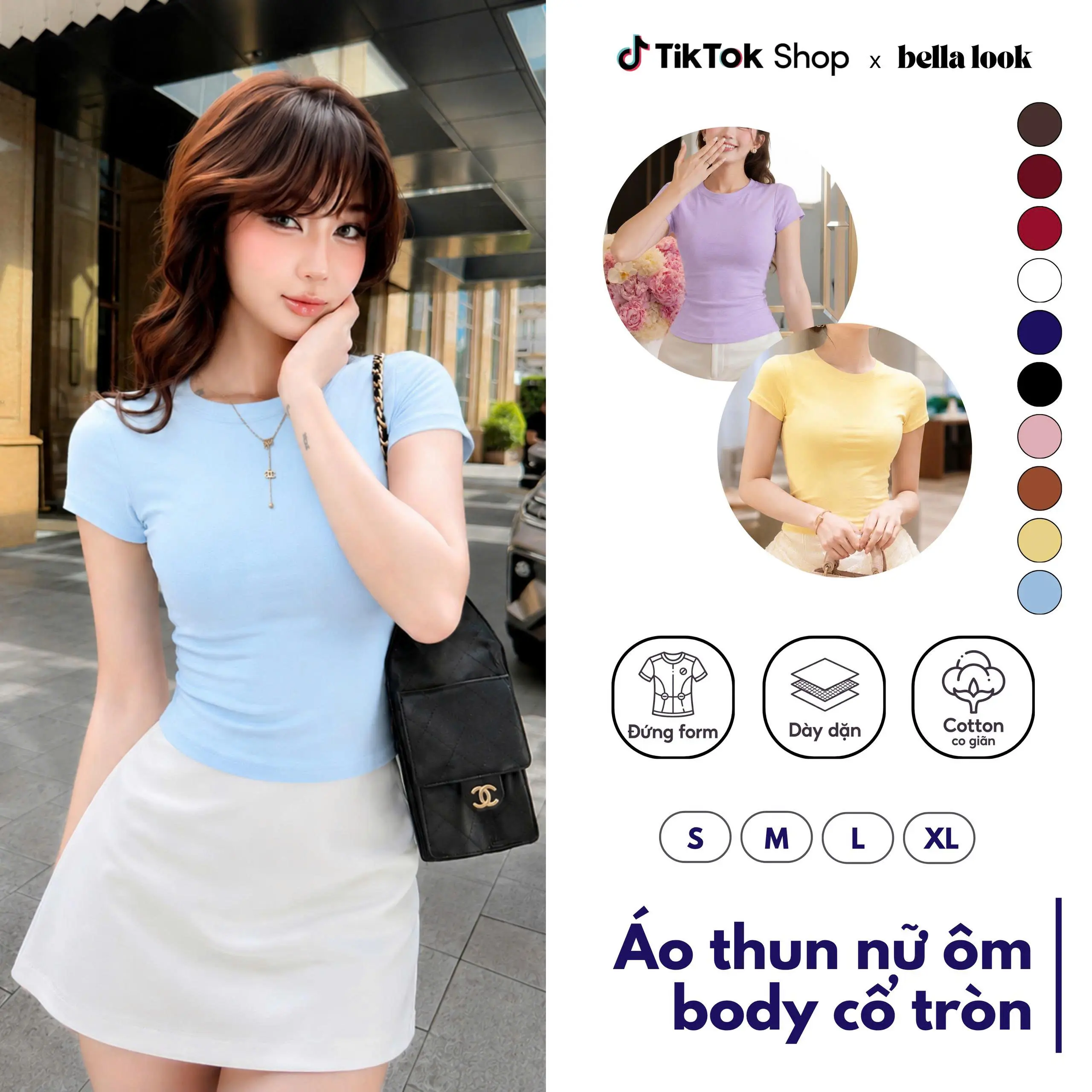(Màu Mới) Áo Thắt Eo Ôm Dáng Cổ tròn BellaLook Cotton Trơn Women S M L XL XXL-315