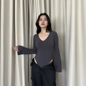 SomethingSweet - MEGHAN Bodysuit Wanita l Atasan Wanita l Bodysuit Basic Lengan Panjang l Leher V Neck Wanita | Flute Sleeve Polos Perempuan | Kaos Spandex
