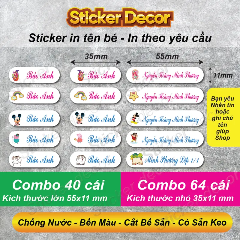 64 STICKER CÓ IN TÊN BÉ Dùng Để Dán Dụng Cụ Học Tập Không Bị Thất Lạc 0