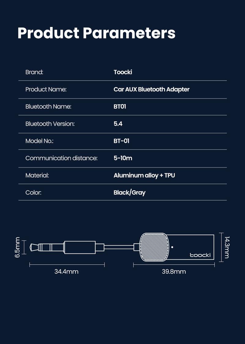 Product Introduction of Toocki Bluetooth Receiver 5.4 For Car Wireless Receiver USB to 3.5mm Jack Aux Audio Wireless Adapter Car Kit Speaker Transmitter 56