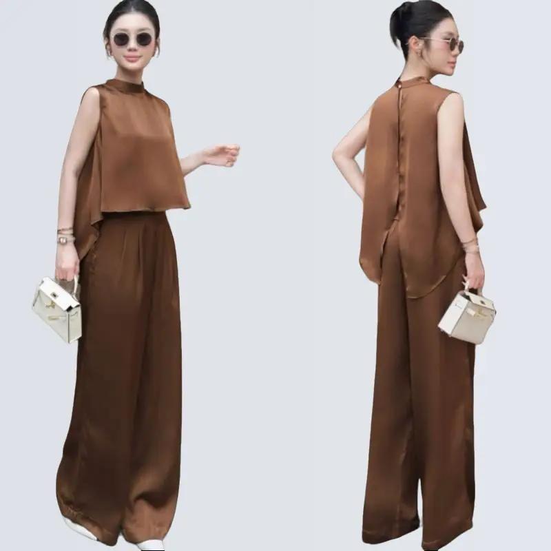  Set lụa COLOUR Cao Cấp  2221  - Áo Kiểu Mullet Đuôi Tôm và Quần Suông Ống Rộng Chất Liệu Tô Châu Cao Cấp Set Đồ Nữ Đi Tiệc Sang Trọng Giấu Bụng 