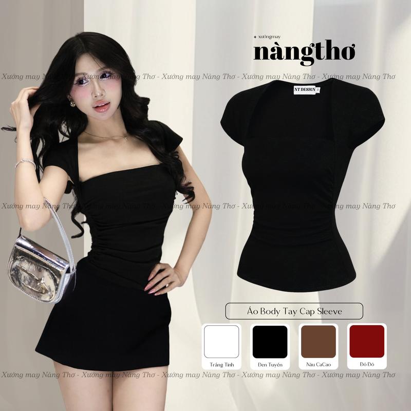 907 Áo Ôm Body Nữ Nhúng Eo Cúp Ngực Tay Cụp Trendy Chất Thun Cotton Mịn